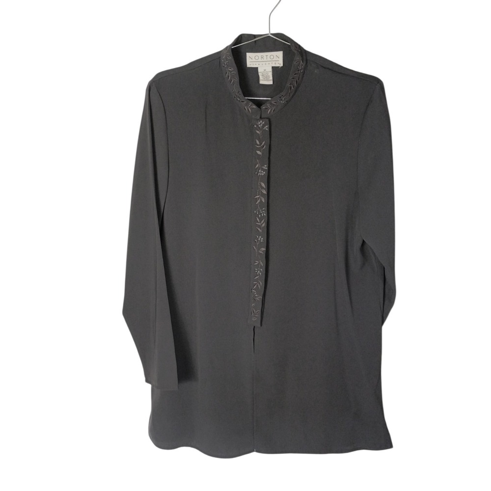 Vintage Norton McNaughton Womens Embroidered Mandarin Collar Blouse Gray Medium